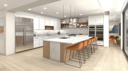 sketch design of interior kitchen,3d render and illustration