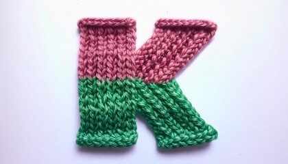 Letter K made of green and pink knit fabric, isolated on a white background