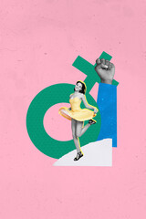 Vertical photo collage of happy girl dance eight march gender sign fist feminism power strike isolated on painted background