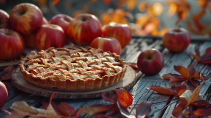 a tart made from heirloom apples, beautifully arranged on a rustic pie plate with a lattice crust, set on a wooden table with a backdrop of autumn foliage