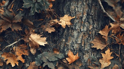 Autumn Leaves on a Tree Trunk