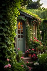 Fototapeta premium Plain Little tiny house in a floral garden with blooming flowers