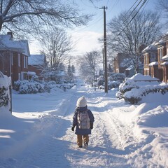 Child walking in a snowy neighborhood.