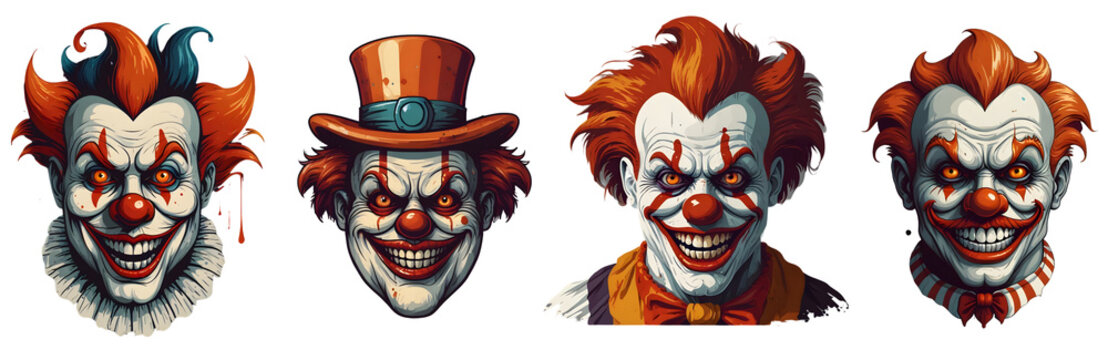 Set of cartoon horror clown character faces. vector illustration of evil clowns smile scary circus monsters