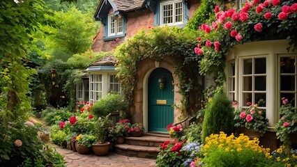 Plain Little tiny house in a floral garden with blooming flowers