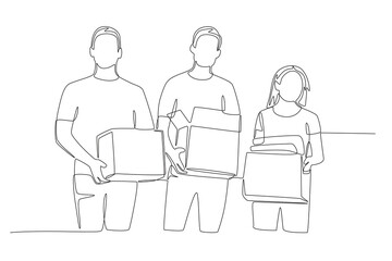 Three volunteers carrying donations. Volunteering concept one-line drawing