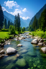 Obraz premium Ethereal Wilderness: An Enchanting Dance of Forest, River, and Mountains Under the Azure Sky