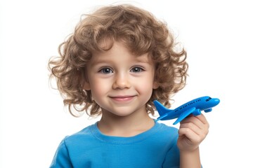 young boy holding toy airplane