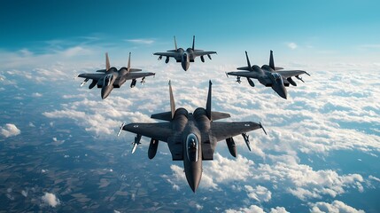 Formation of military jets soaring through a bright blue sky above fluffy clouds, showcasing power and precision.