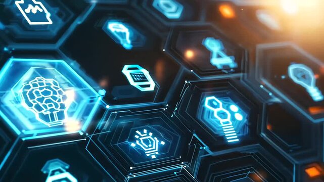 Hexagonal shape roadmap featuring digital blue light bulb, brain, and gear icons in black color. Representing intelligence, creative ideas, and business solutions for development