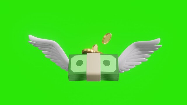 3D bundle of money with wings and coin flying on green screen, quick earnings via the Internet, instant money transfers, cashless payments, crypto transfers, loss, fall, rise. 4k 3d video animation
