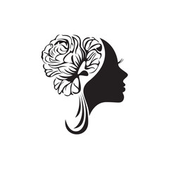 Women and Rose Flower. Emblem isolated on white background, Flat style for graphic and silhouette.