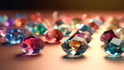 A row of colorful diamonds are displayed on a table. The diamonds are of different colors, including blue, green, red, and yellow. The arrangement of the diamonds creates a visually appealing