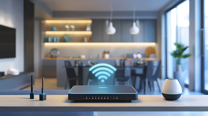 Wi-Fi router in the modern smart home above which 3D icon, blur effect in the backgraund