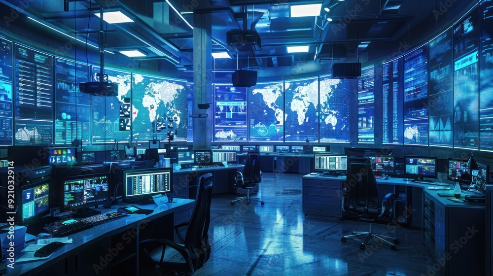 Wall mural operations control room - a room filled with monitors and computer equipment. authorities are monito