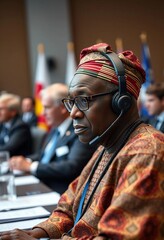 Obraz premium At a EU conference, an African senator in traditional attire engages with the proceedings, highlighting cultural elegance and collaboration.