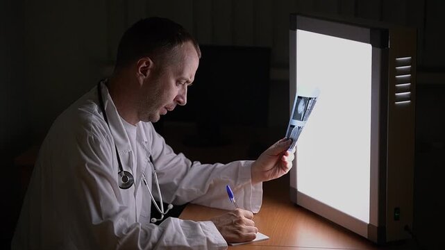 Caucasian doctor in a white coat. Doctor in the office. Studying an X-ray. Slow motion. High-quality shooting in 4k format