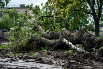 Fototapeta premium A fallen tree, uprooted and sprawled on the ground, reveals its exposed roots and a horizontal trunk, AI generated