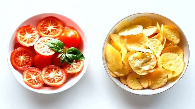 Side-by-side comparison of a fresh tomato salad and crispy potato chips, ideal for highlighting healthy versus unhealthy food choices in nutrition and diet content