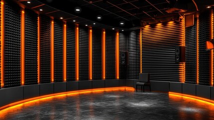 Modern music studio with soundproof walls bright lights and comfortable equipment. Concept Music Production, Soundproof Walls, Bright Lights, Comfortable Equipment, Modern Studio