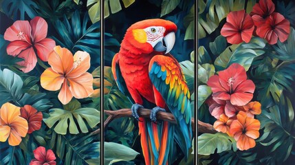 Obraz premium Set of 3 wall art panels with vibrant parrot portrait amidst tropical flowers and dense jungle leaves, abstract oil painting, close up, split into three on white background 