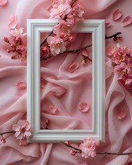 White frame surrounded by delicate pink cherry blossoms and petals on a soft pink fabric background.