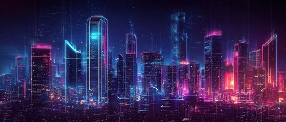 Neon Cityscape: A digital rendering of a futuristic city with vibrant lights and glowing outlines.