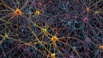 Colorful neural network graphic in concept of intelligence, neurodegenerative diseases and mental health.