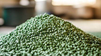 Green raw plastic pellets Background Close-up Plastic granules Polymer plastic beads resin polymer