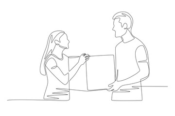 Two volunteers lifting donation boxes. Volunteering concept one-line drawing