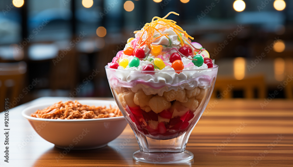 Poster fresh fruit and whipped cream on a wooden table generated by ai