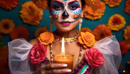 Beautiful woman with Halloween makeup, La Catrina, with Mexican-inspired flowers red and yellow