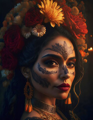 Beautiful woman with Halloween makeup, La Catrina, with Mexican-inspired flowers with tattoo