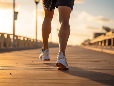 Cropped image of runners feet and shoes along a beach pier
