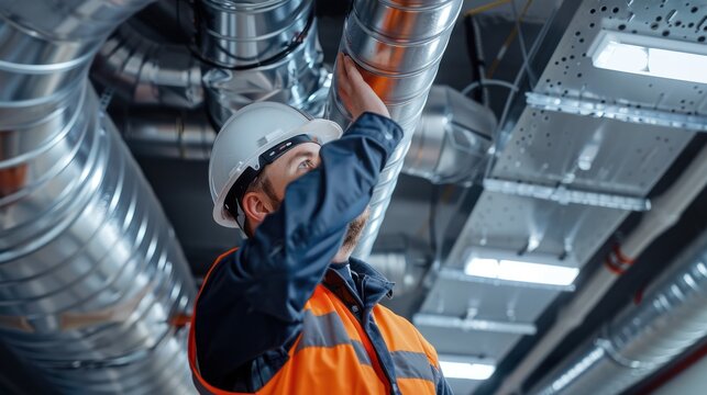 Installation of ventilation duct system - Caucasian electrician wearing mechanic's uniform and safety helmet A ventilation duct system for an air 