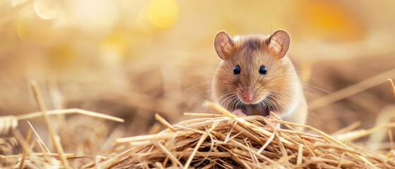 Rato marrom com olhos pretos espiando de uma cama de palha em um campo com fundo de trigo dourado desfocado