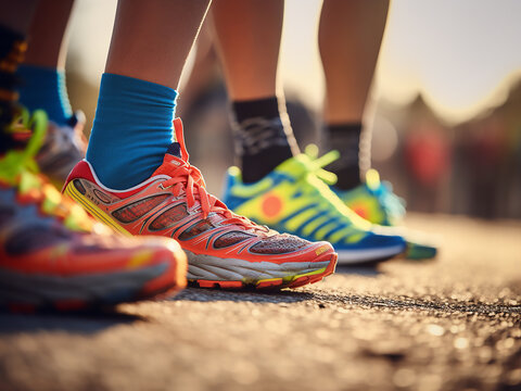 Close-up of running shoes worn by marathon runners