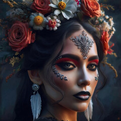 Beautiful woman with Halloween makeup, La Catrina, with Mexican-inspired flowers with tattoo