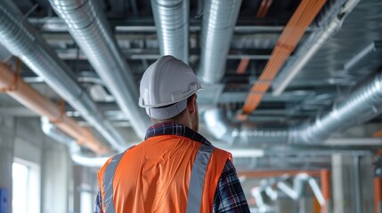 Installation of ventilation duct system - Caucasian electrician wearing mechanic's uniform and safety helmet A ventilation duct system for an air 
