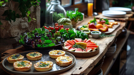 Fototapeta premium a brunch board filled with quiches, fresh salad greens, and sliced fruits, arranged on a ceramic platter with a rustic kitchen setting in the background