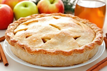 Fresh homemade apple pie with golden crust, surrounded by apples and cinnamon sticks, perfect for fall and holiday baking.