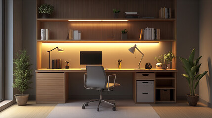 Workplace with computer, bookshelf and plant. 3D Rendering