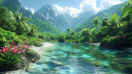 Lush green forest with clear stream surrounded by mountains