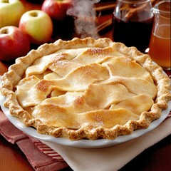 Freshly baked apple pie with a golden crust, surrounded by apples and juice on a wooden table. Perfect for autumn or holiday scenes.