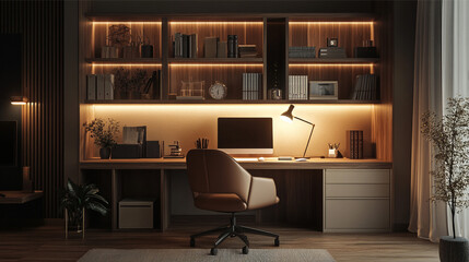Workplace with computer, bookshelf and plant. 3D Rendering