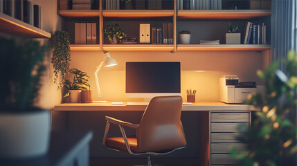 Workplace with computer, bookshelf and plant. 3D Rendering