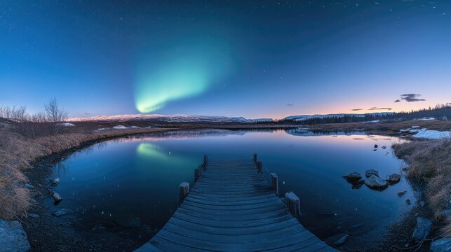 Wooden Dock Leading to a Tranquil Lake Under the Aurora Borealis