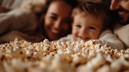 A heartwarming family moment with parents and a young child lying on a cozy couch, smiling and reaching for popcorn, capturing the warmth of togetherness and simple pleasures.