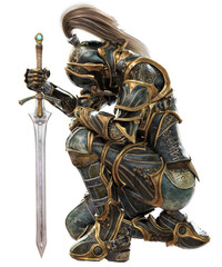 Female warrior knight kneeling wearing decorative regal metal armor with a transparent background. PNG transparent overlay . 3d rendering
