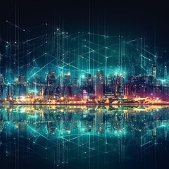 A cityscape with a network of lights and a city skyline. The lights are connected to each other, creating a web-like pattern. Scene is one of connectivity and interdependence
